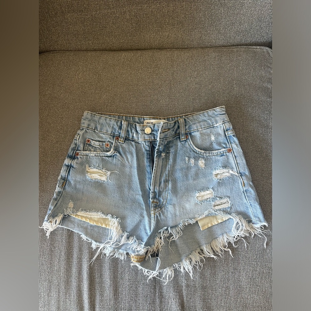 Zara Light Blue Distressed Denim Cutoff Shorts